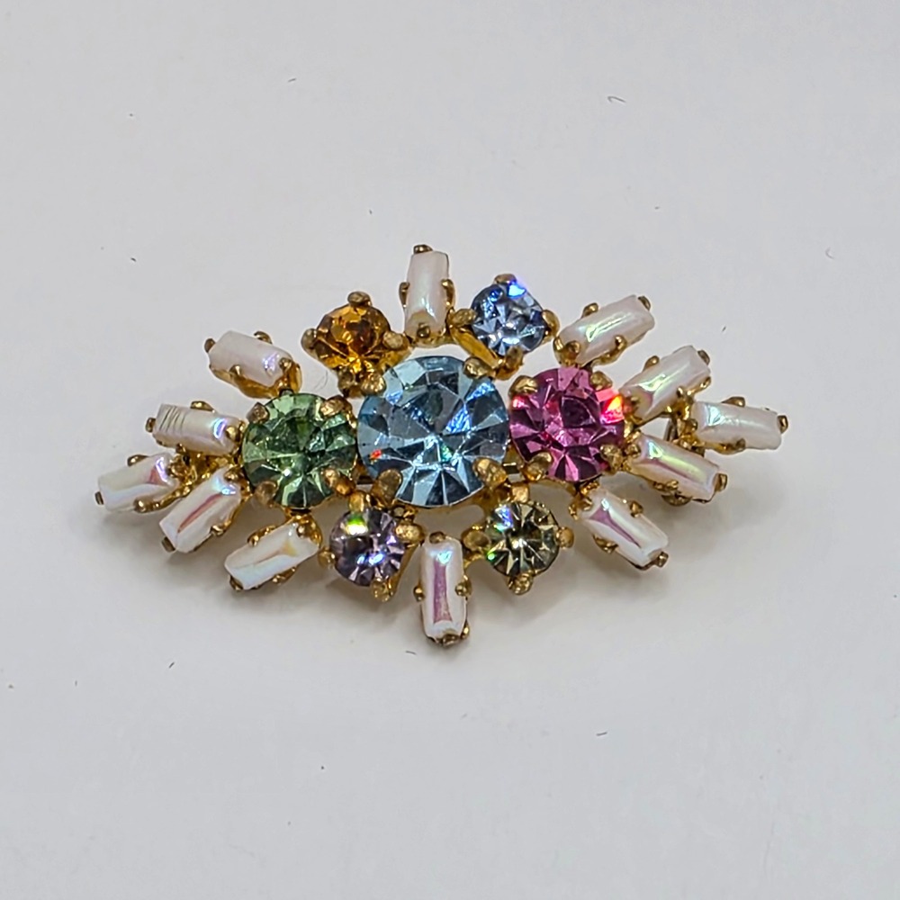 Vintage Rhinestone Brooch Multi Color Crystal Gold Tone Pin Made in Germany